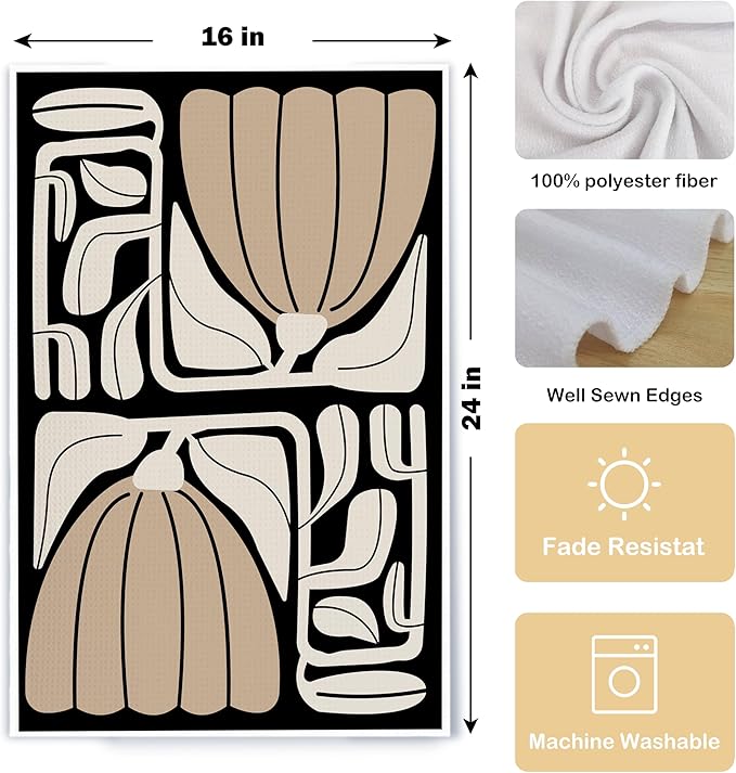 Abstract Boho Neutral Taupe and Beige Floral Kitchen Towels Set of 2, Retro 70s