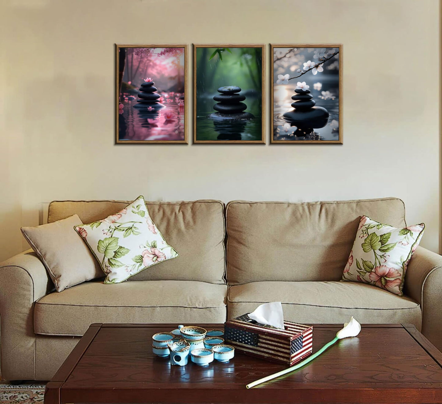 INADIKEIN 3pcs Zen Stone Wall Art Modern Zen Bathroom Wall Decor Meditation Spa Stone Poster Green Bamboo Lotus Printed Artwork for Yoga Meditation Spiritual Room Bathroom Unframed