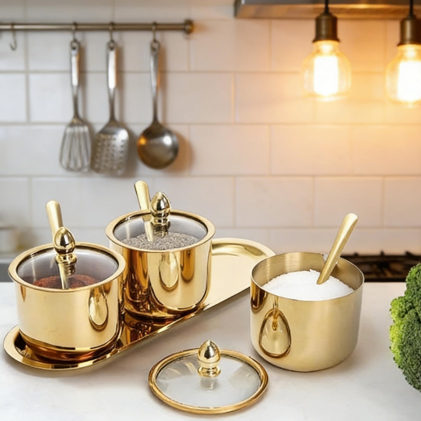 HMDIUM Sugar Bowl Set - 3 Grid Condiment Jars with Glass Lids & Spoon Stainless Steel Canisters with Tray for Sugar, Spice, Salt - Stylish Kitchen Storage Containers