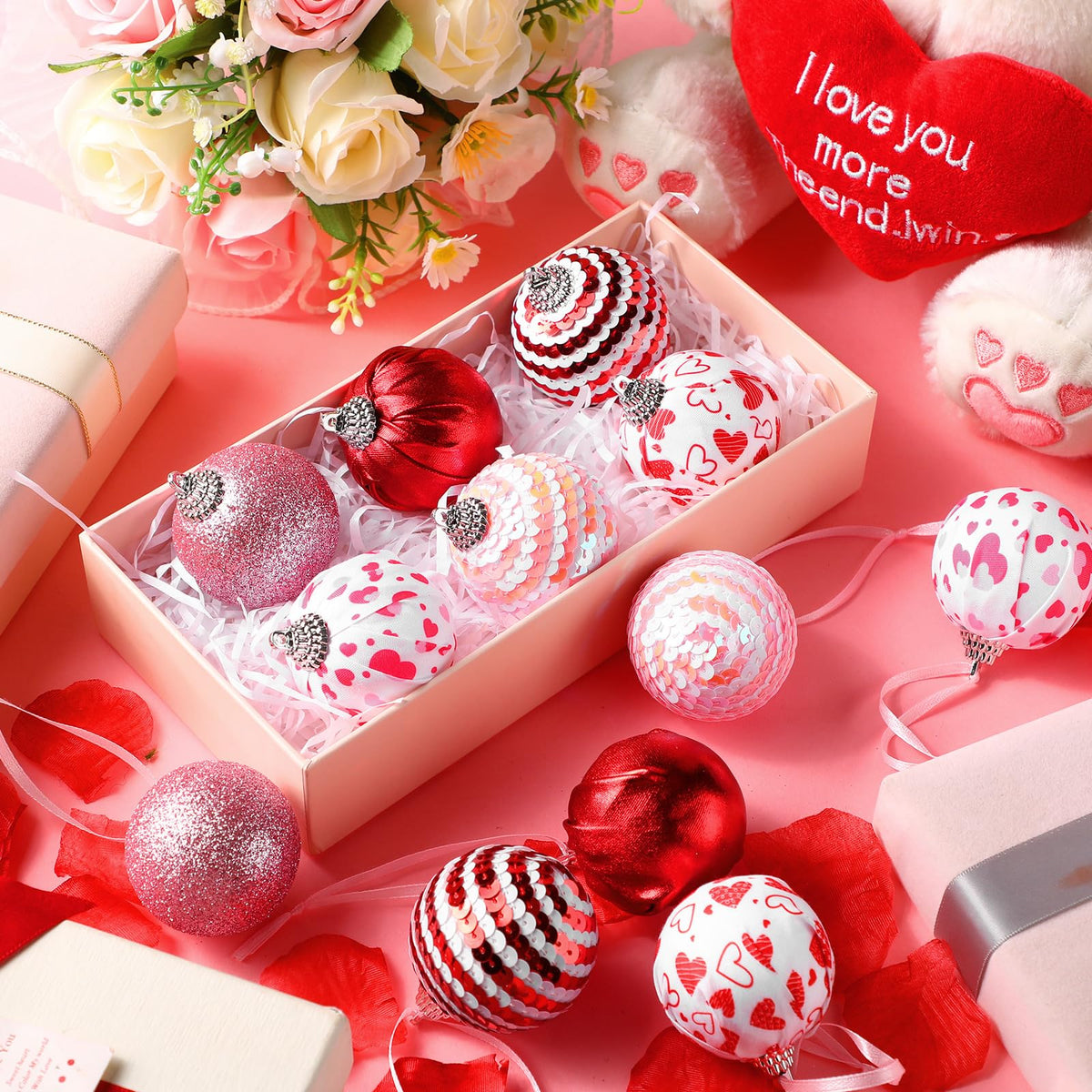 Riceshoot 12 Pcs Valentines Day Ball Ornaments 2.36 Inch Red Pink White Hanging Decor Heart Balls Ornaments for Tree Valentine's Day Party Supplies Decorations