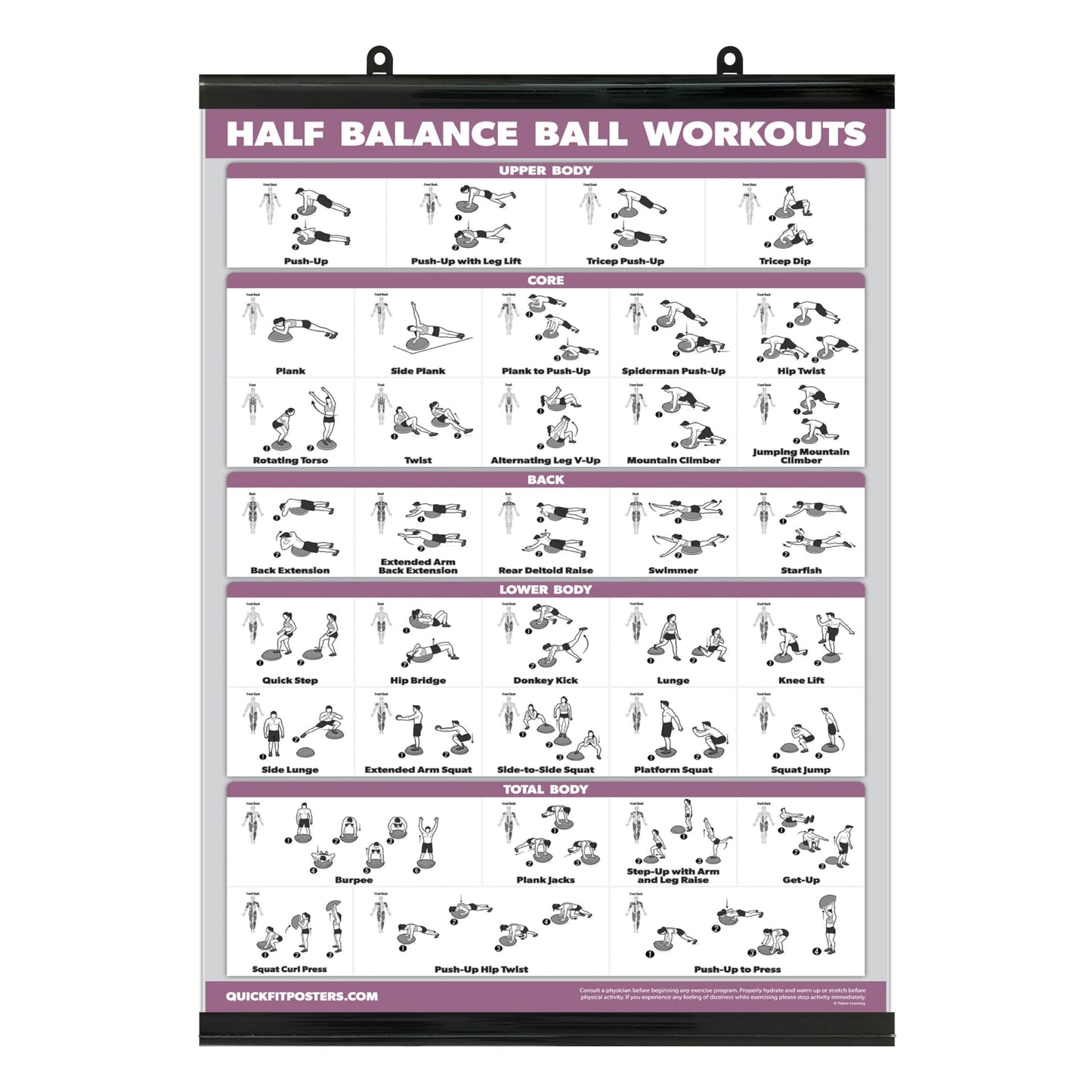 Half Balance Ball Workout Poster - Exercise Chart (LAMINATED WITH PLASTIC FRAME, 18" x 24")