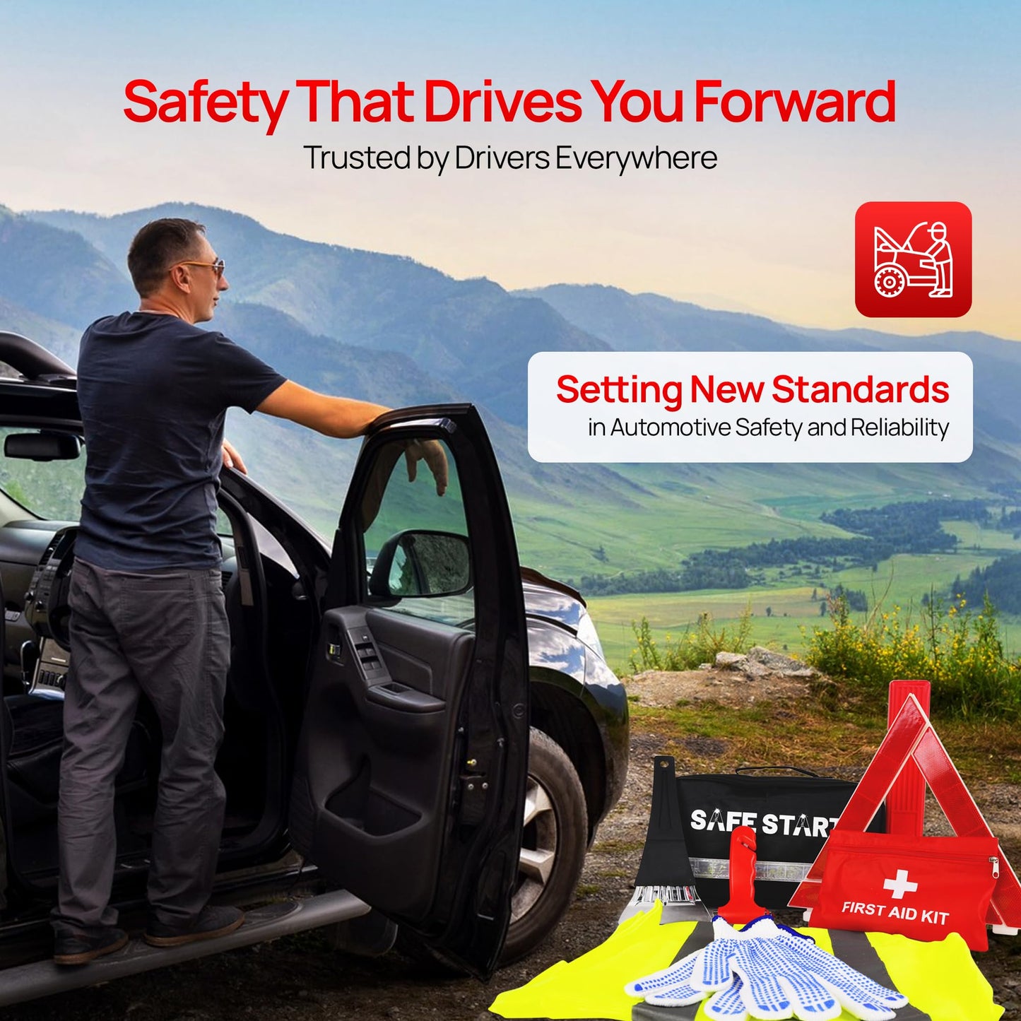Safe Start Car Emergency Kit - Car Safety Kit with First Aid, Safety Hammer, Reflectors, Gloves, Ice Shovel - Compact Roadside Tool Kit for Repairs, Snow, Accidents - Protect Your Family on the Road