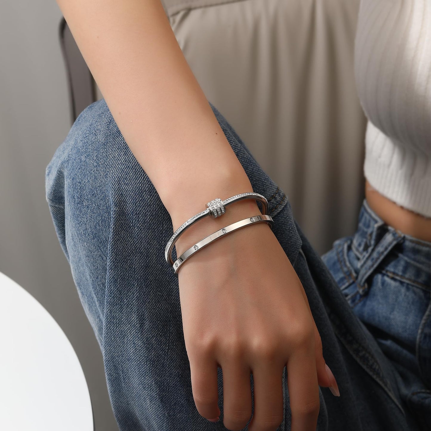 MAOCEN Women's Stainless Steel Bracelet Gold Plated Cuff Bangle With Cube Zircon Hinge Jewelry oval Bangle Witness the Gift of Love (4mm Silver 2pcs-A)