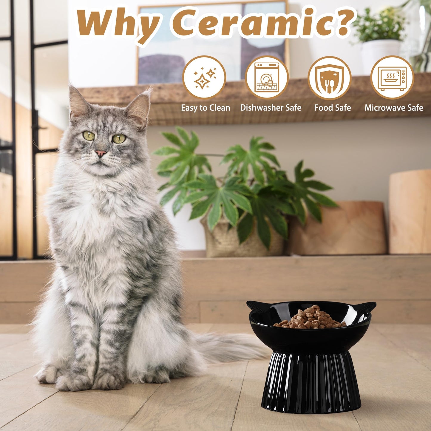 Wellbro Ceramic Raised Cat Bowl,Tilted Raised Bowl Anti Vomit for Indoor Cats Whisker Friendly Pet Feeder for Cats Puppies, Microwave and Dishwasher Safe (Black)