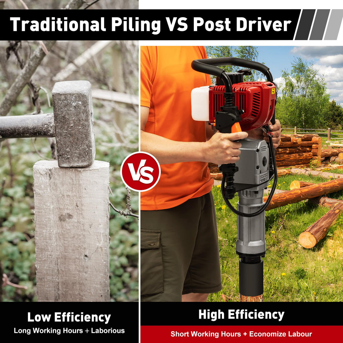 AKSDSGA 52CC Petrol Post Driver 2 Stroke Gas Powered T-Post Driver Hammer Drills with 2 Post Driving Heads, Air Cooling Single Cylinder Gasoline Petrol Garden Fencing Tool Machine