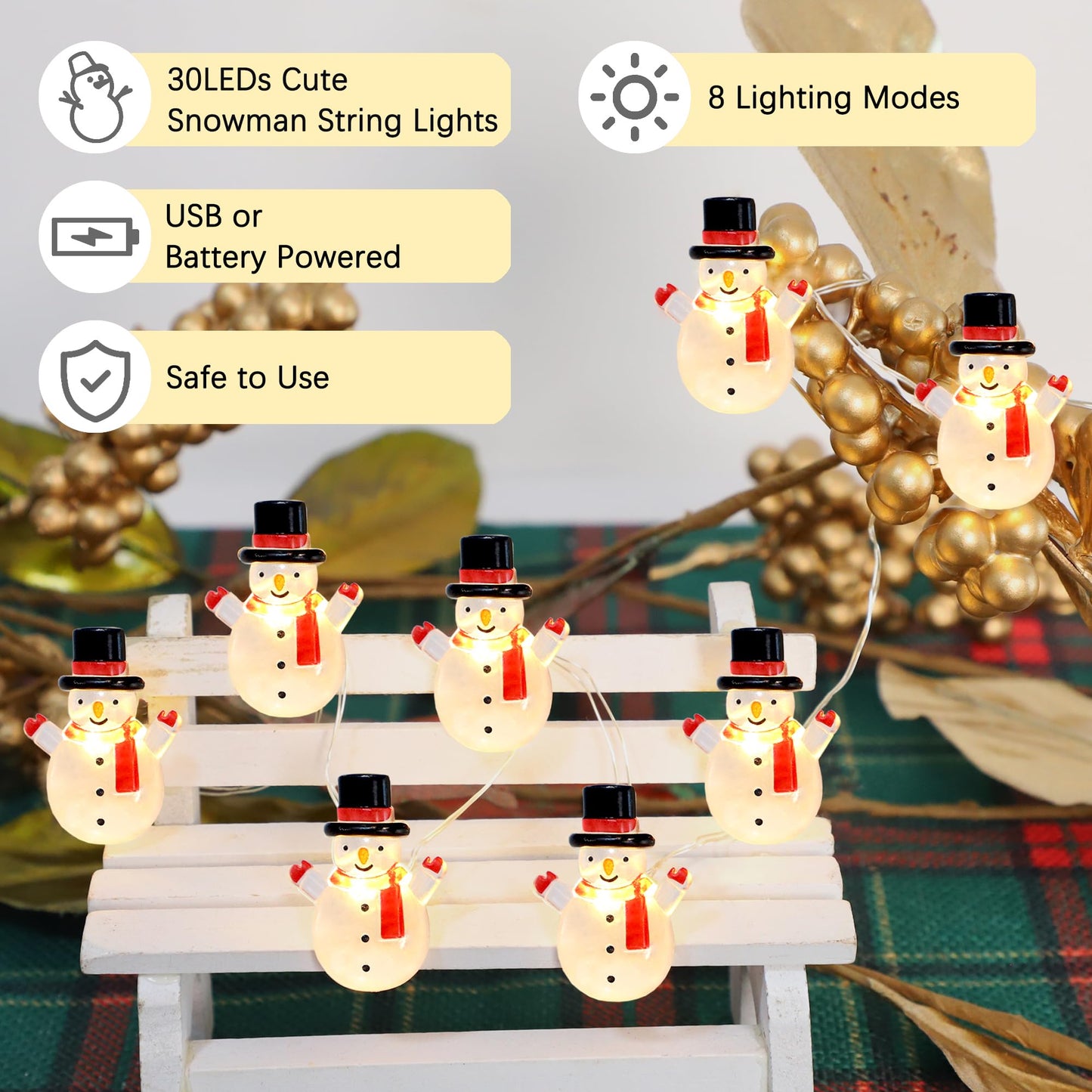 Silverstro Snowman Christmas String Lights for Bedroom 10 Ft 30 LED USB & Battery Powered Fairy Lights with Remote - Kid's Room Kitchen Party Xmas Holiday Decor