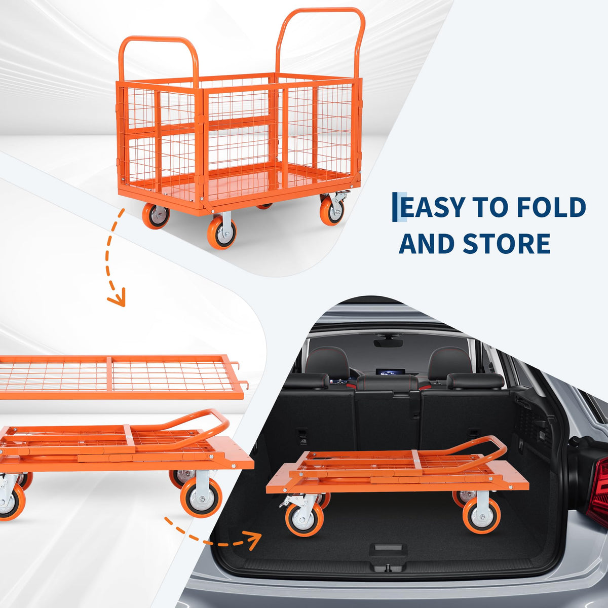 6-in-1 Folding Flatbed Dolly, 1800lbs Heavy Duty Platform Cart with Removable Mesh Sides, Orange Red Lockable Swivel Casters, Smooth Rolling for Hardwood Carpet, Easy Assembly for Garage Warehouse