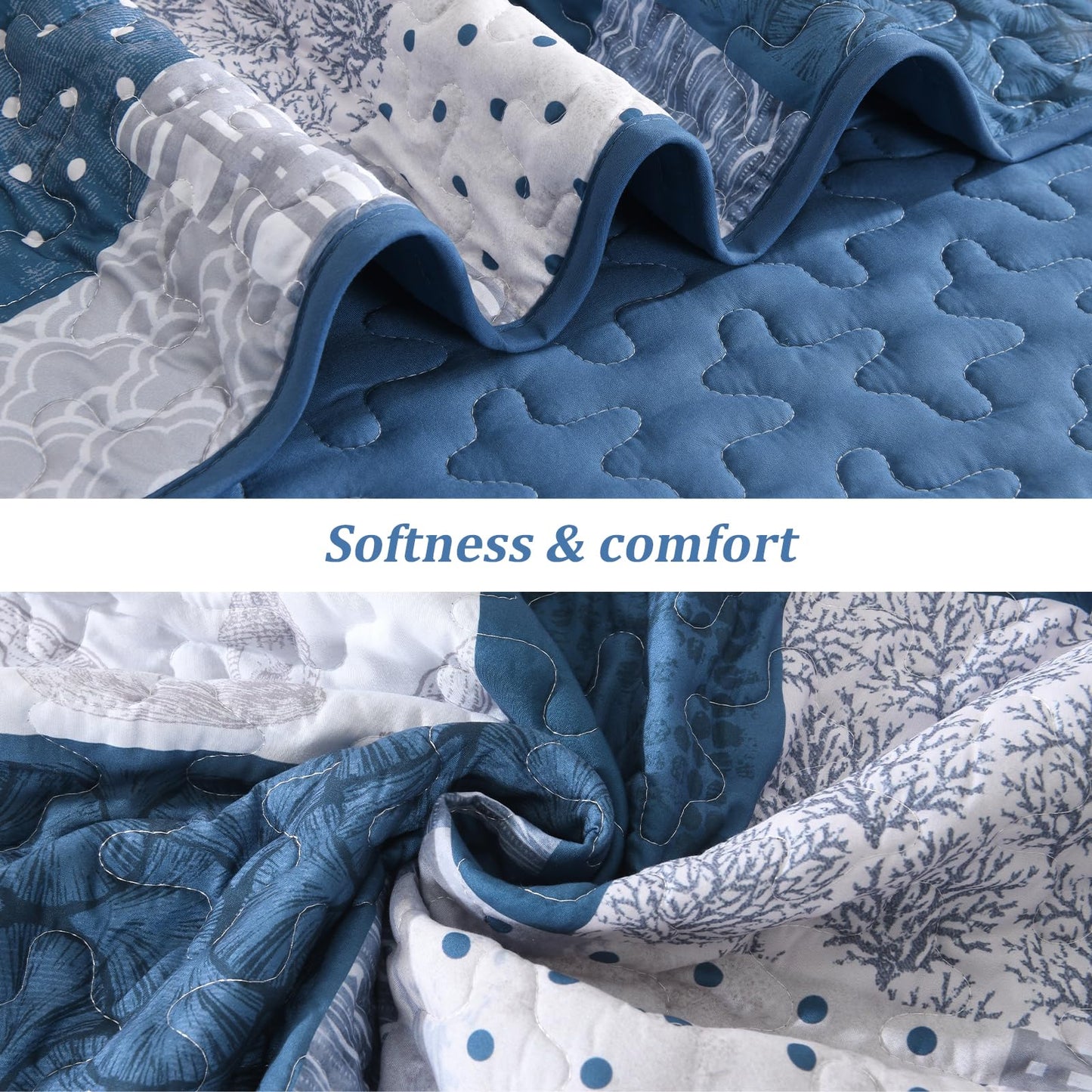Xruibed Blue Ocean Quilt Set Queen Coastal Beach Theme Quilt Coverlet Soft Microfiber Reversible Bedspread with 2 Pillow Shams 3 Pieces Nautical Patchwork Beach Bedding Quilt for All Season 90"x96"