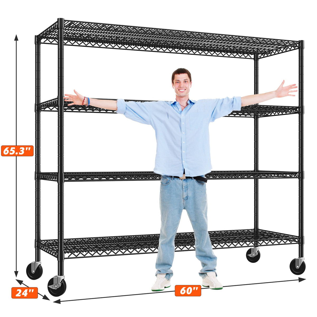 REIBII 60" W Storage Shelves 2878LBS Metal Shelving Unit with Wheels Heavy Duty Garage Shelving Adjustable Wire Shelves for Pantry,Kitchen,Garage,Basement,Business,Warehouse,School,60”W ×24”D×65.3”H