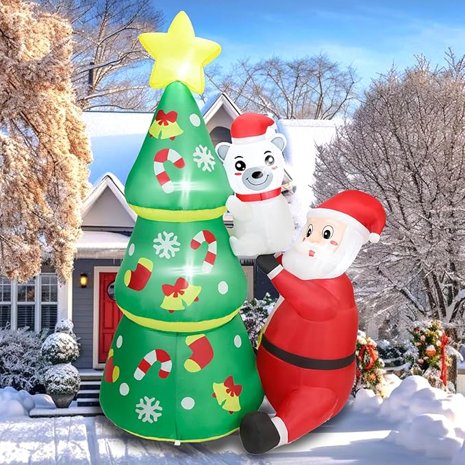 Dearsun 6.2FT Christmas Inflatable Tree with Santa Claus and Polar Bear, Blow up Christmas Inflatable Santa Build-in LED Lights Outdoor Decorations Large Party Yard Decoration