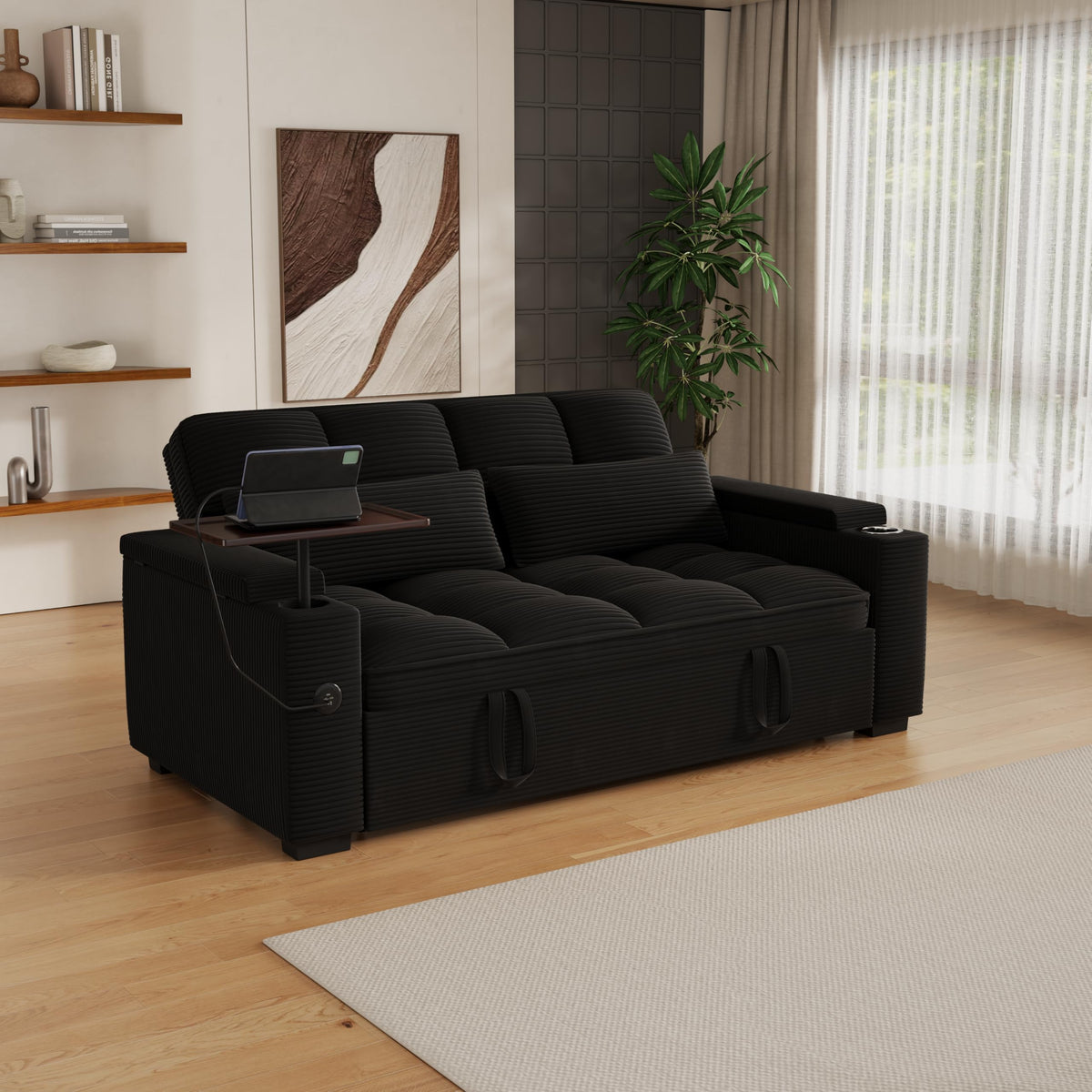 KEIKI 65" 3-in-1 Convertible Sofa Bed with 360° Swivel Table, Pullout Sleeper for Living Room, Small Space Apartment, Modern Textured Corduroy Upholstery, USB Charging, Storage Armrests