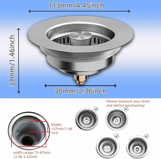 3 in 1 Kitchen Sink Drain Strainer, Universal Stainless Steel Kitchen Sink