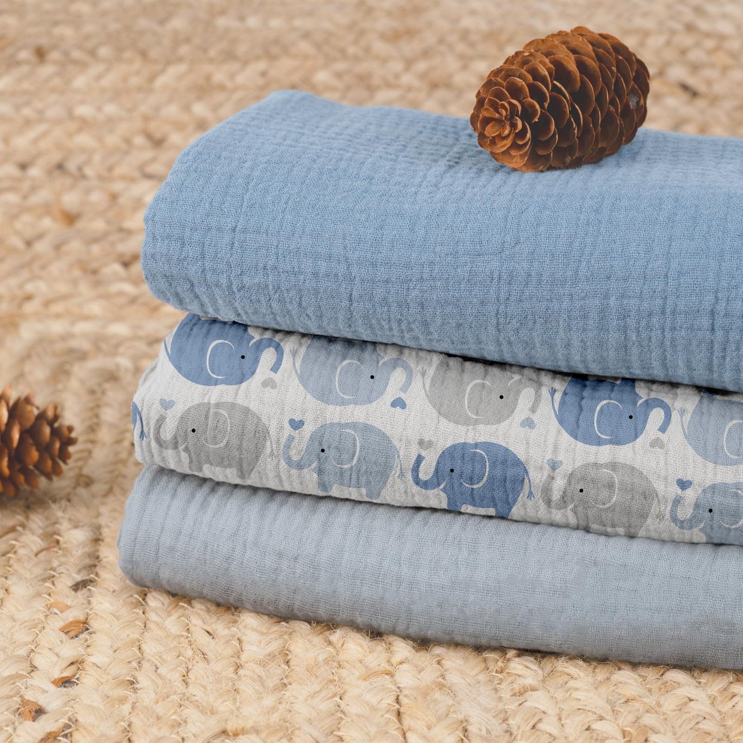 Muslin Swaddle Blankets for Newborn, 3-Pack Cotton Receiving Blankets, Large 40 x 38 inches, Baby Blankets for Boys and Girls, Wrap Burp Cloths, Registry Essentials, Shower Gifts, Elephant & Blue