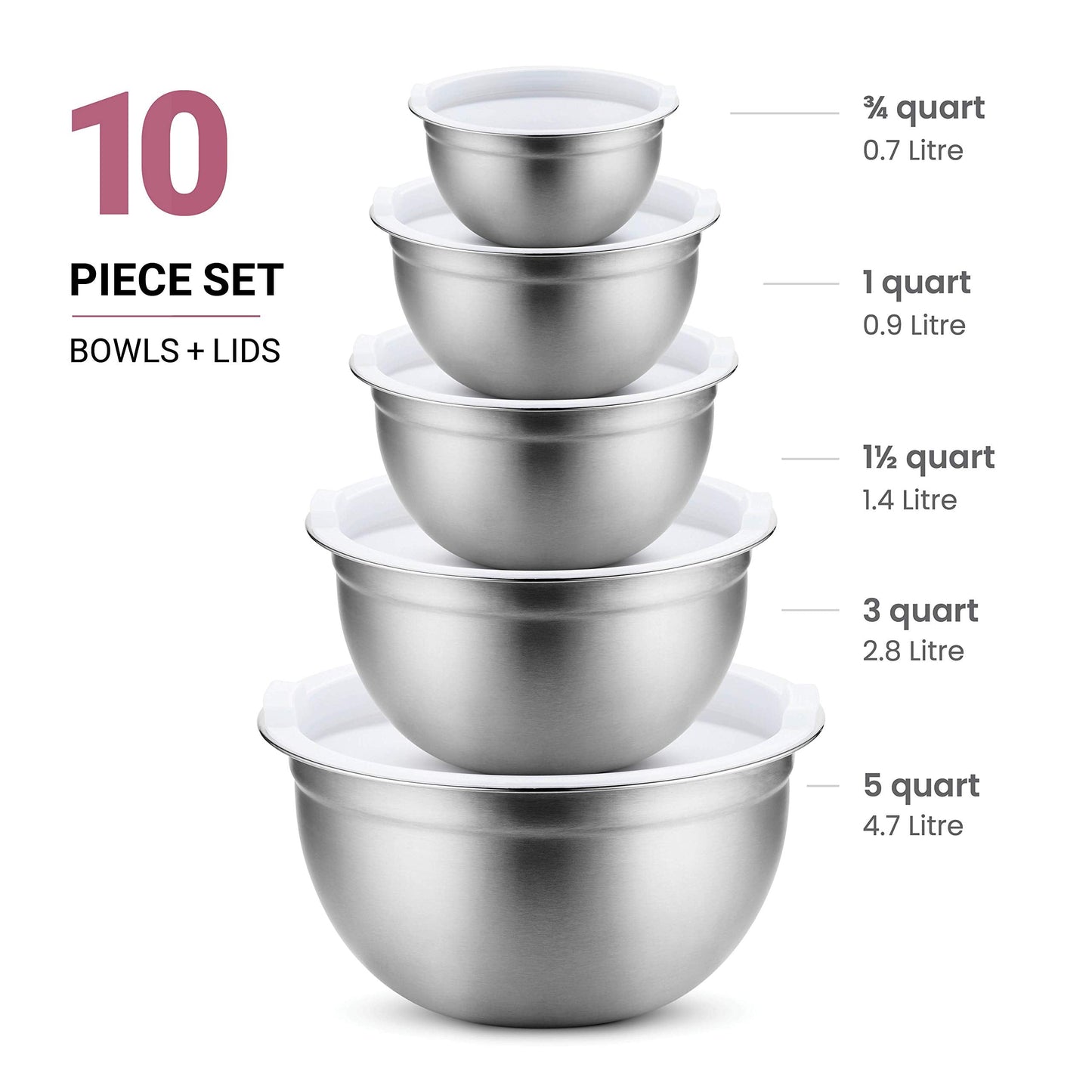 FineDine Mixing Bowls Set , 10 Piece Set ,(5 Bowls +5 Lids) Stainless Steel