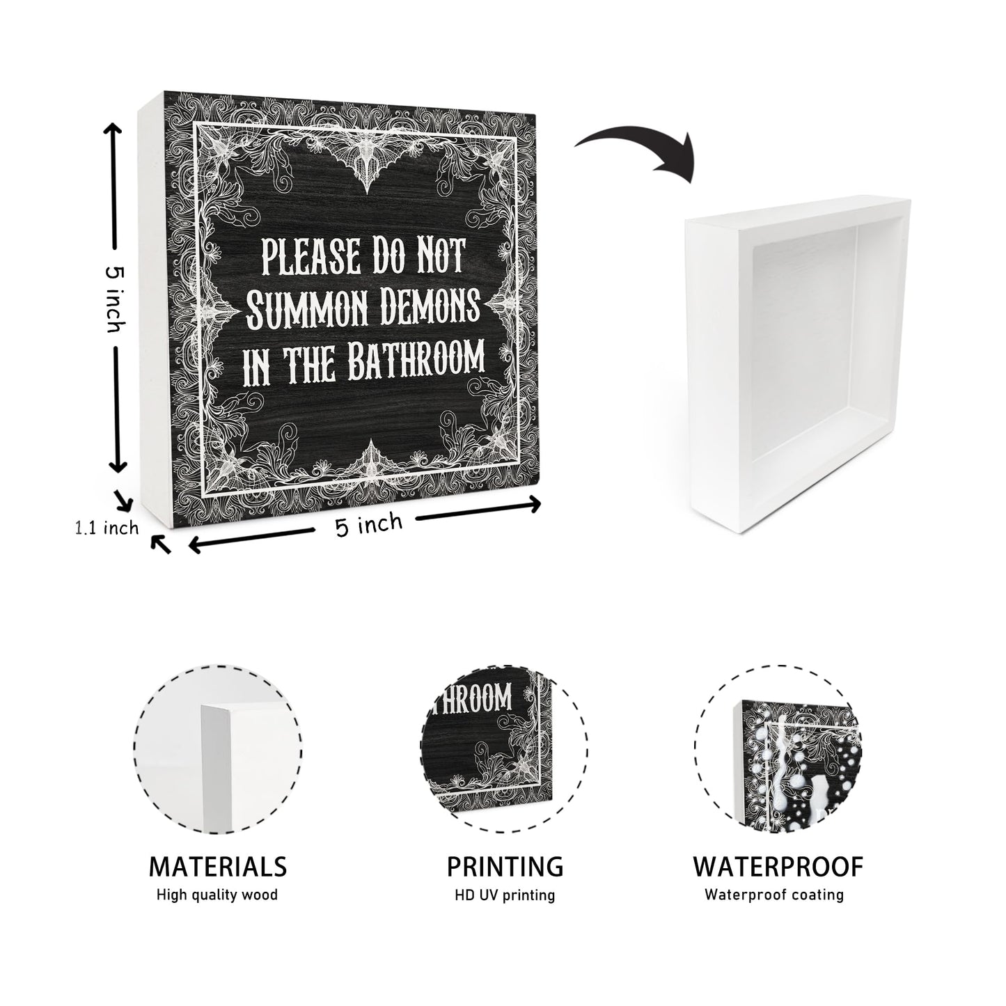 FHUGX Funny Gothic Bathroom Wooden Box Sign,Gothic Halloween Box Sign,Please Do Not Summon Demons In The Bathroom Sign For Home Barthroom Toilet Restroom Decor,Halloween Gothic Bathroom Decor,5x5 Inch