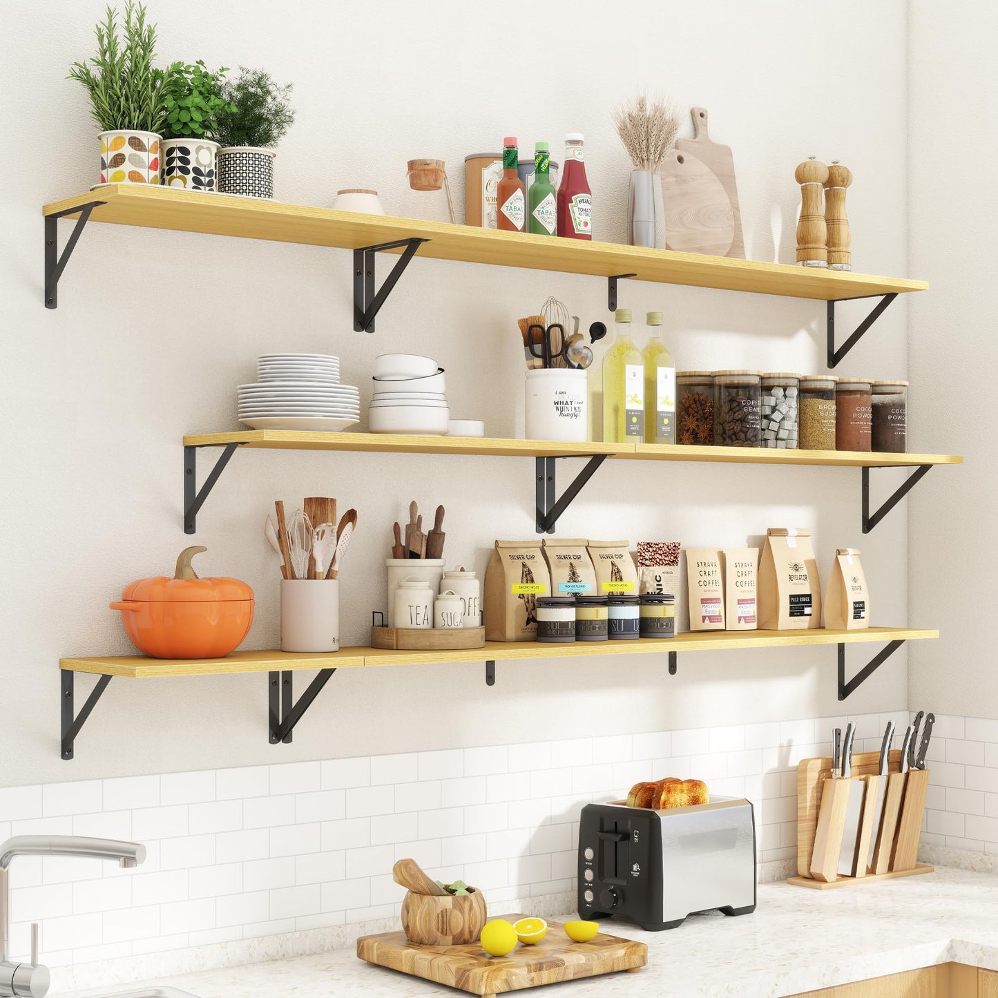 Acovy Floating Shelves for Wall,48" Wx8 D Wood Wall Shelves,Hanging Storage Floating Shelf with Metal Brackets,Wide Floating Bookshelf for Living Room,Office,Bedroom,Bathroom,Set of 2,Oak
