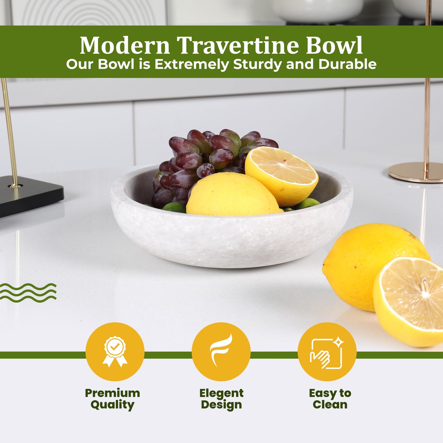 FNTSTICGOODS Travertine Decorative Bowl - 7.8” Diameter & 2” Height - Key Bowl for Entryway Table - Organic Modern Centerpiece - White/Gray