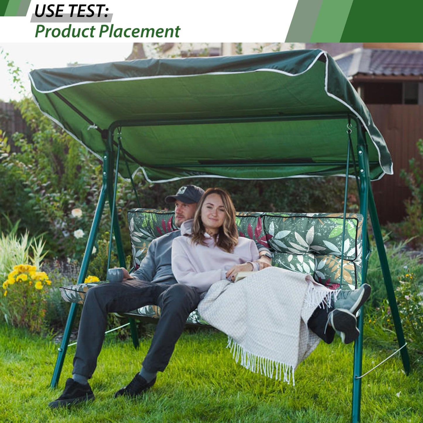 YQNUCO Outdoor Swing Cushions, Waterproof Porch Swing Cushions 3 Seater Replacement with Backrest, 4" Thicken Bench Cushion with Ties for Backyard, Patio, Lawn and Garden (Green Flowers, 55 inch)