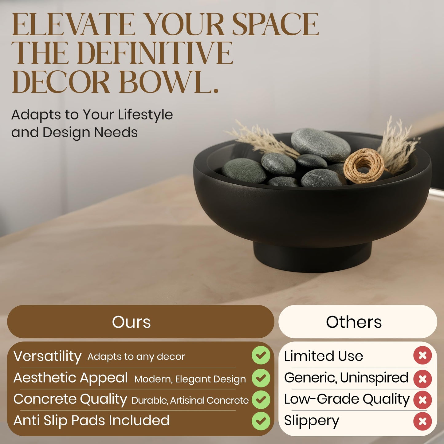 E-Click Commerce Handmade Concrete Decorative Bowl (Black) – Modern Minimalist Centerpiece for Coffee Table, Kitchen Counter & Entryway – Large 10” Artisan Fruit Bowl, Unique Home Decor Accent