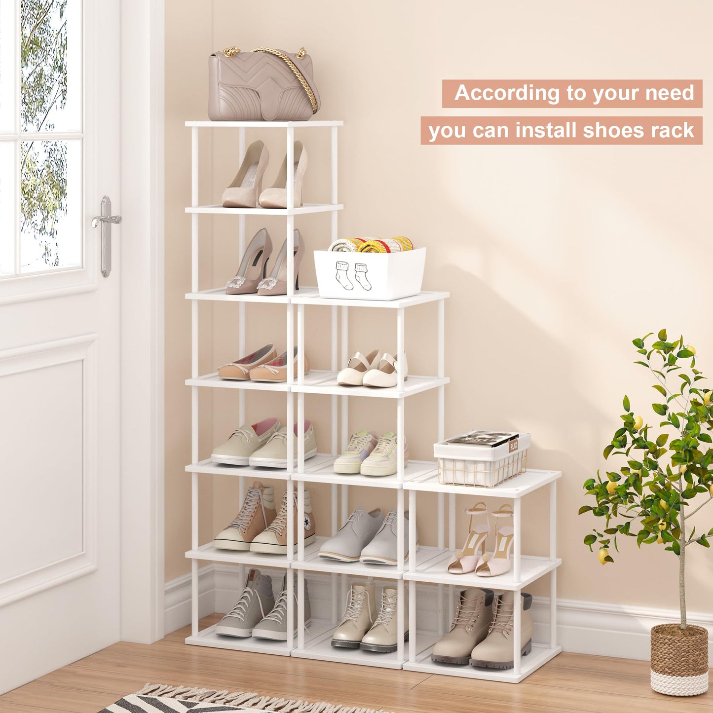 Vertical Tall Shoe Rack Organizer for Entryway -7 Tier Free Standing Slim Narrow Bamboo Wood Corner Stackable Shoe Boots Storage Stand Small Spaces for Closet Garage Cloakroom Living Room (White)