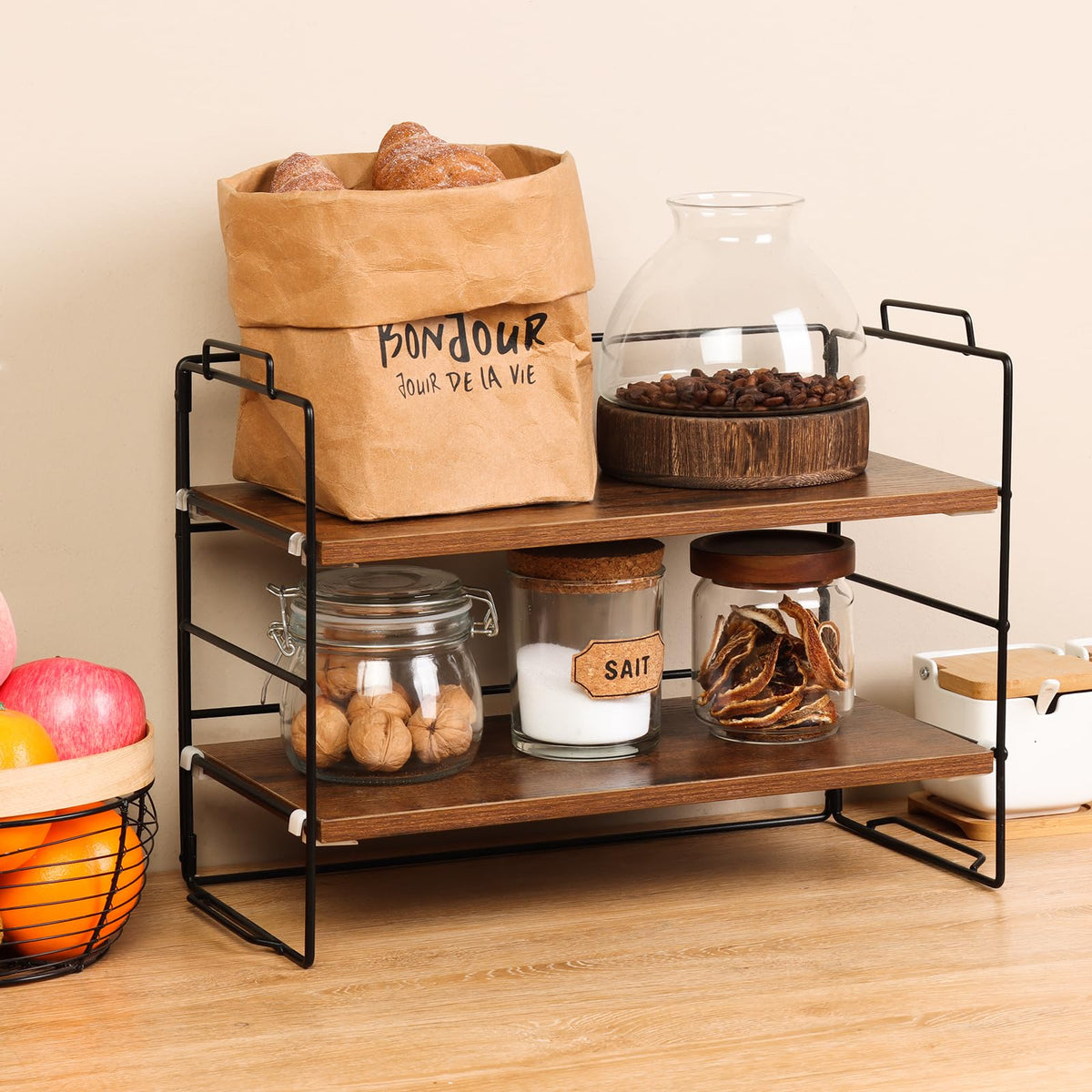 KATHY&BOB Wood Desk Shelf Organizer, 2-Tier Desktop Supplies Storage Rack, Adjustable Stackable Desk Shelf for Office, Kitchen, Bathroom, 15.75"*12.2"*7.87"