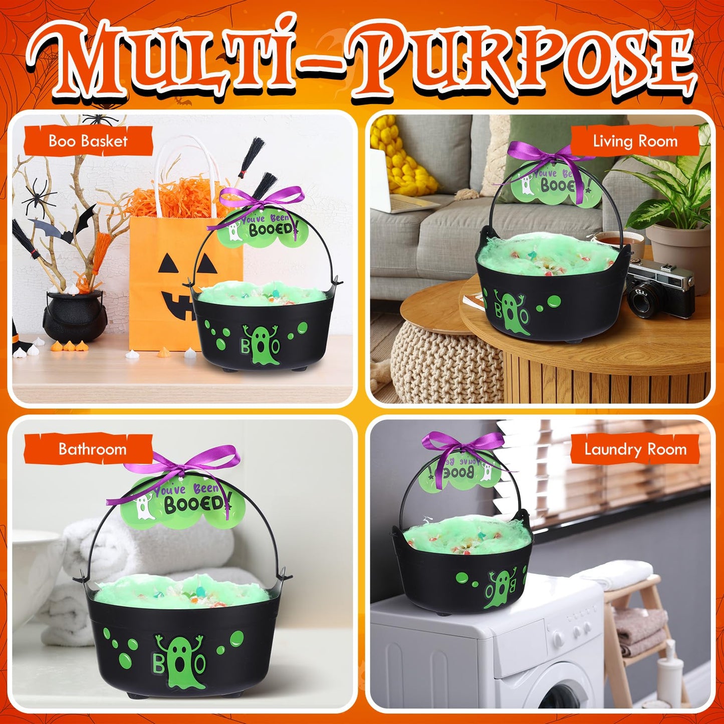 Soulchen 4 Pcs Halloween Boo Bucket Decoration Trick or Treat Gift Basket with 4 Spooky Boo Candy Bucket with Green Spider Silk Cotton Ghost Boos Sticker Card Ribbon for Halloween Party Decoration