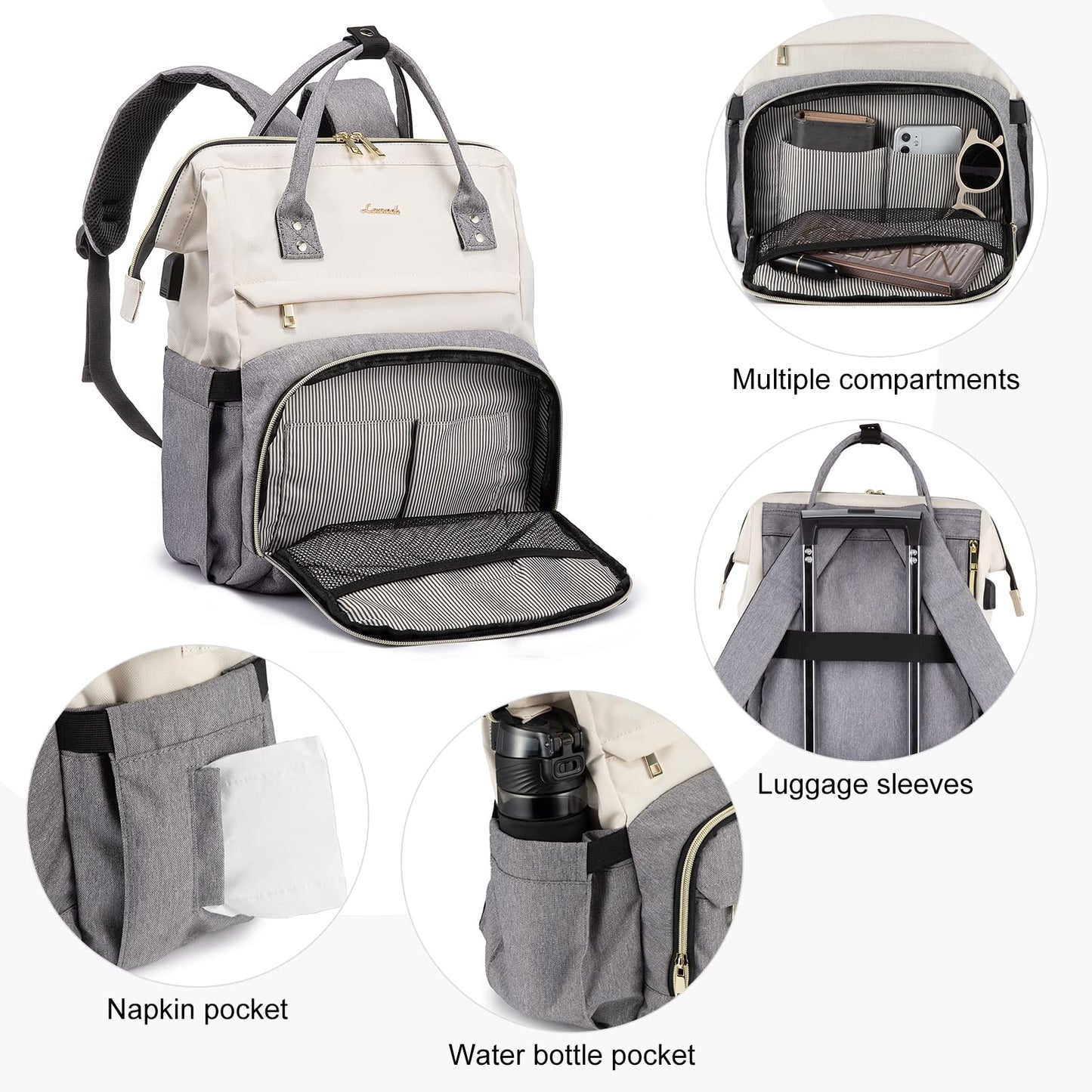 LOVEVOOK Laptop Backpack Women 15.6 inch, Work Bags for Womens, School Computer Bag with USB Port for Business College Travel, Rucksack for Teacher Nurse,BeigeGrey