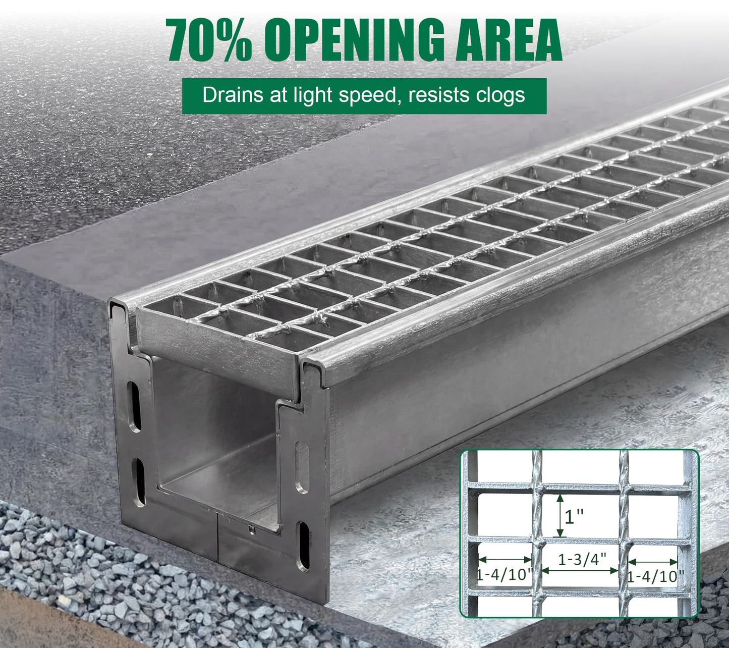 Natotela Driveway 304 Stainless Steel Channel Drain with Galvanized Steel Grate-39.4x7.1x6.3in B125 Heavy Duty Metal Trench Drain System,Durable Outdoor Drainage System for Garage,Parking Lot