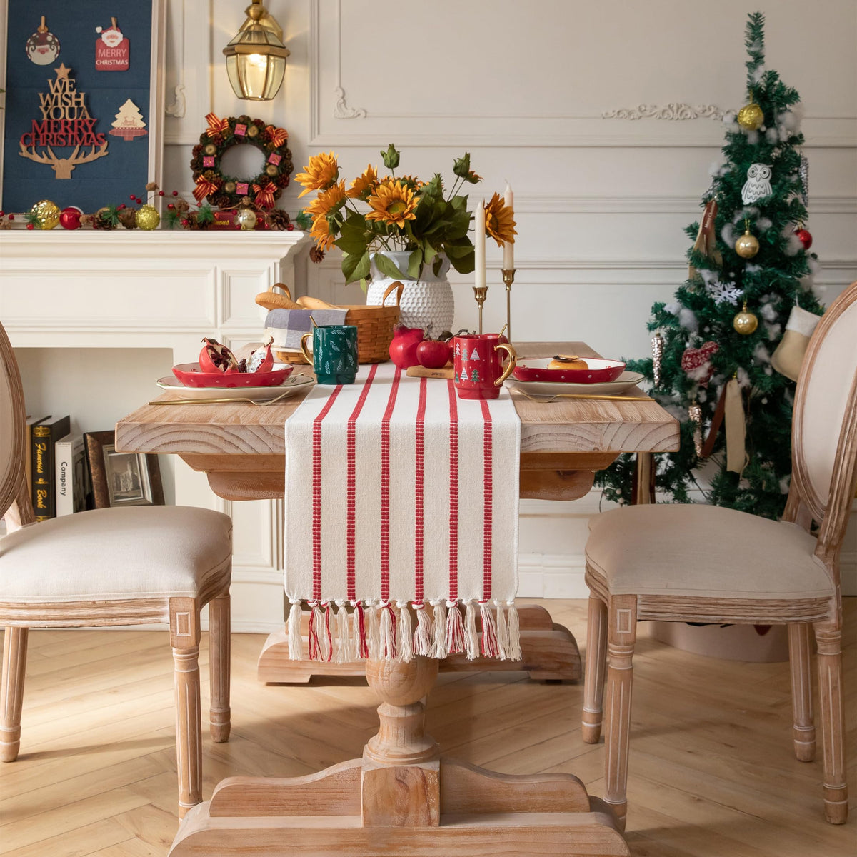 Caflife Christmas Table Runner 72 Inchs Long, Cotton and Linen Woven with Tassels, for Modern Rustic Farmhouse Boho Red Table Runners, Holiday Kitchen Dining Table Home Christmas Decor