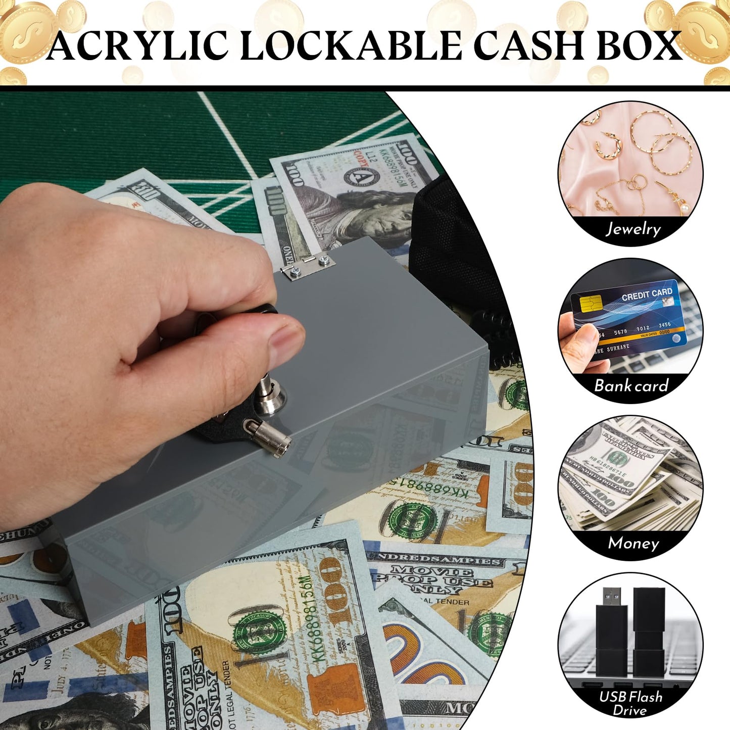 Acrylic Cash Box for Gambler 2 Pack Large and Small, Grey Winners Bank with Keys, Slot, Storage Bag, Waist Bag, Portable Casino Money Organizer Safe Lock Box for Gamblers, Christmas Gift for Men