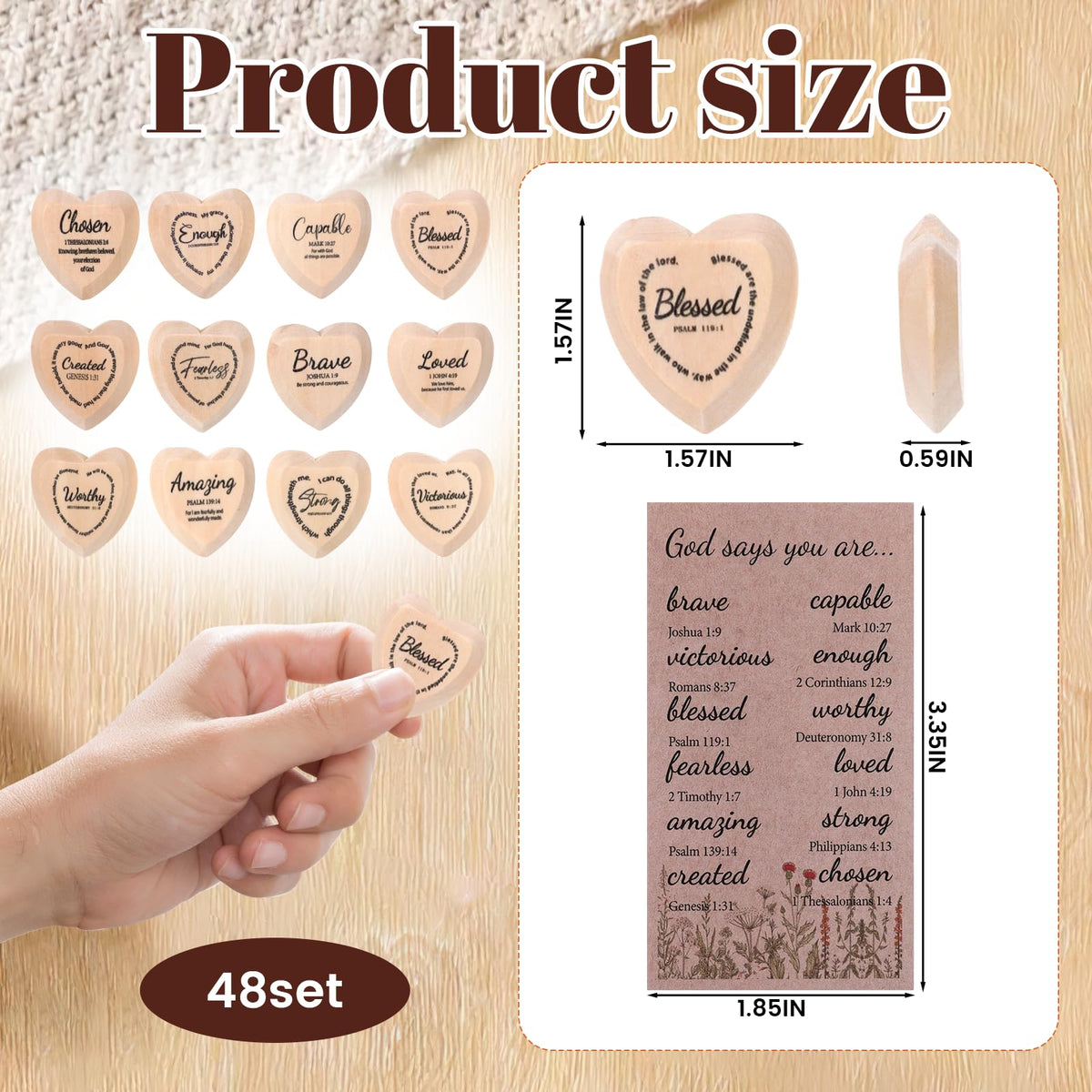 48 Set God Says You are Wood Heart Small Christian Gifts Bulk Religious Gifts Pocket Heart Token with Bible Verse Word Holy Week Affirmation Church Gift for Adults Sunday School Easter Supplies