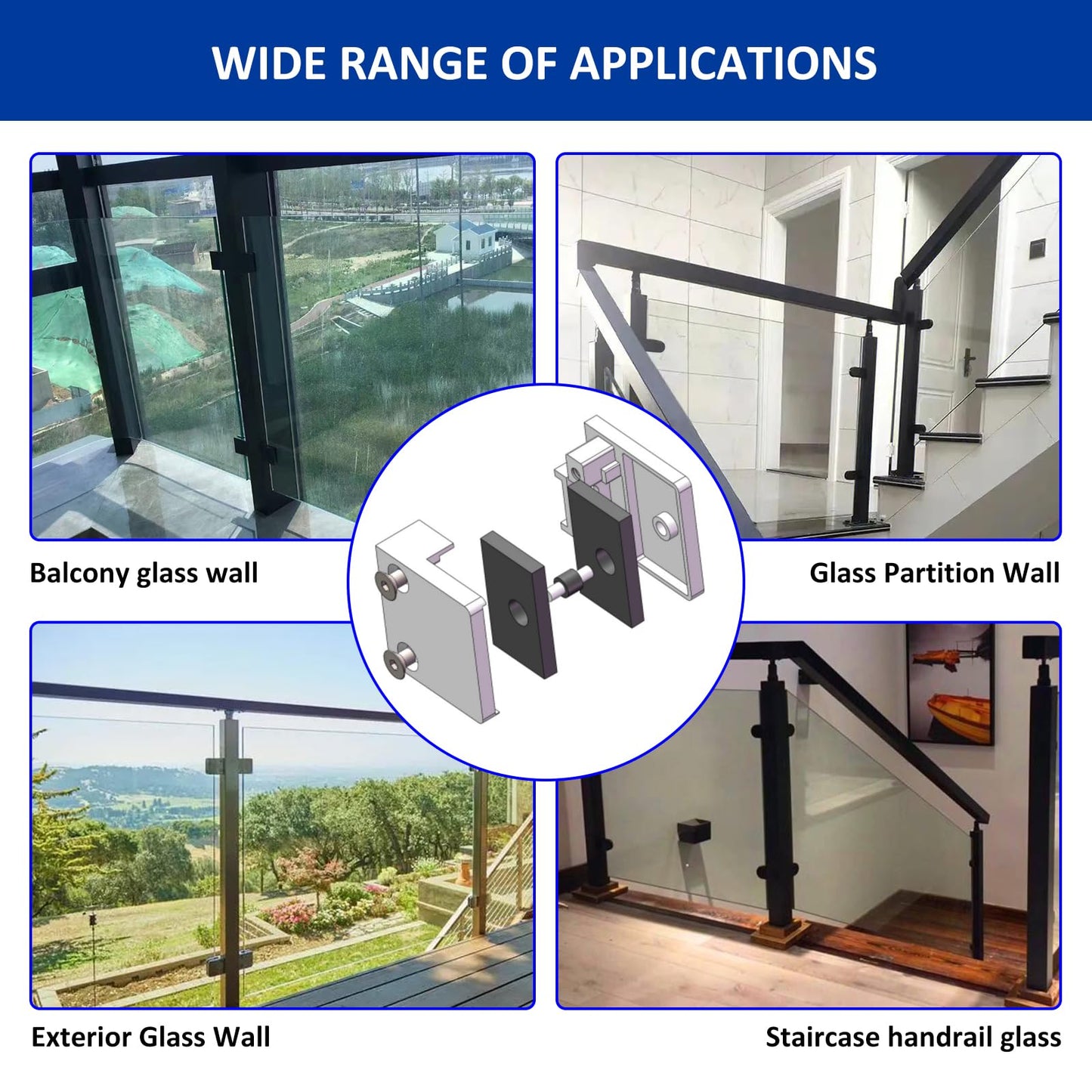 Glass Clamp-4PCS Adjustable Glass Shelf Bracket, 1/3 "-1/2 " 304 Stainless Steel Glass Clamps, Glass Clamp Bracket is Suitable for Railing, Stairs, Glass Wall, All Kinds of Glass (Black-4pcs)