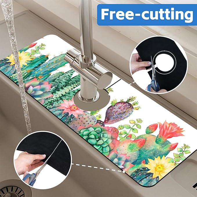 Watercolor Cactus Floral Sink Faucet Absorbing Mat Sink Splash Guard Faucet Mat
