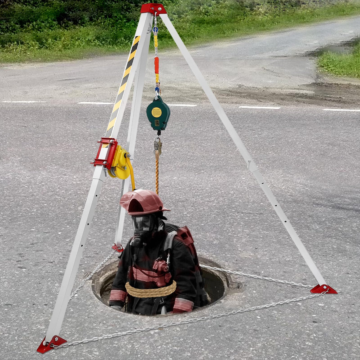 Confined Space Tripod Kit, 1200 Lbs Winch Confined Space Rescue Tripod with Fall Arrester 65ft Cable Legs Retractable & Height Adjustable Sewer Rescue Tripod for Wells Road Construction Fire Rescue