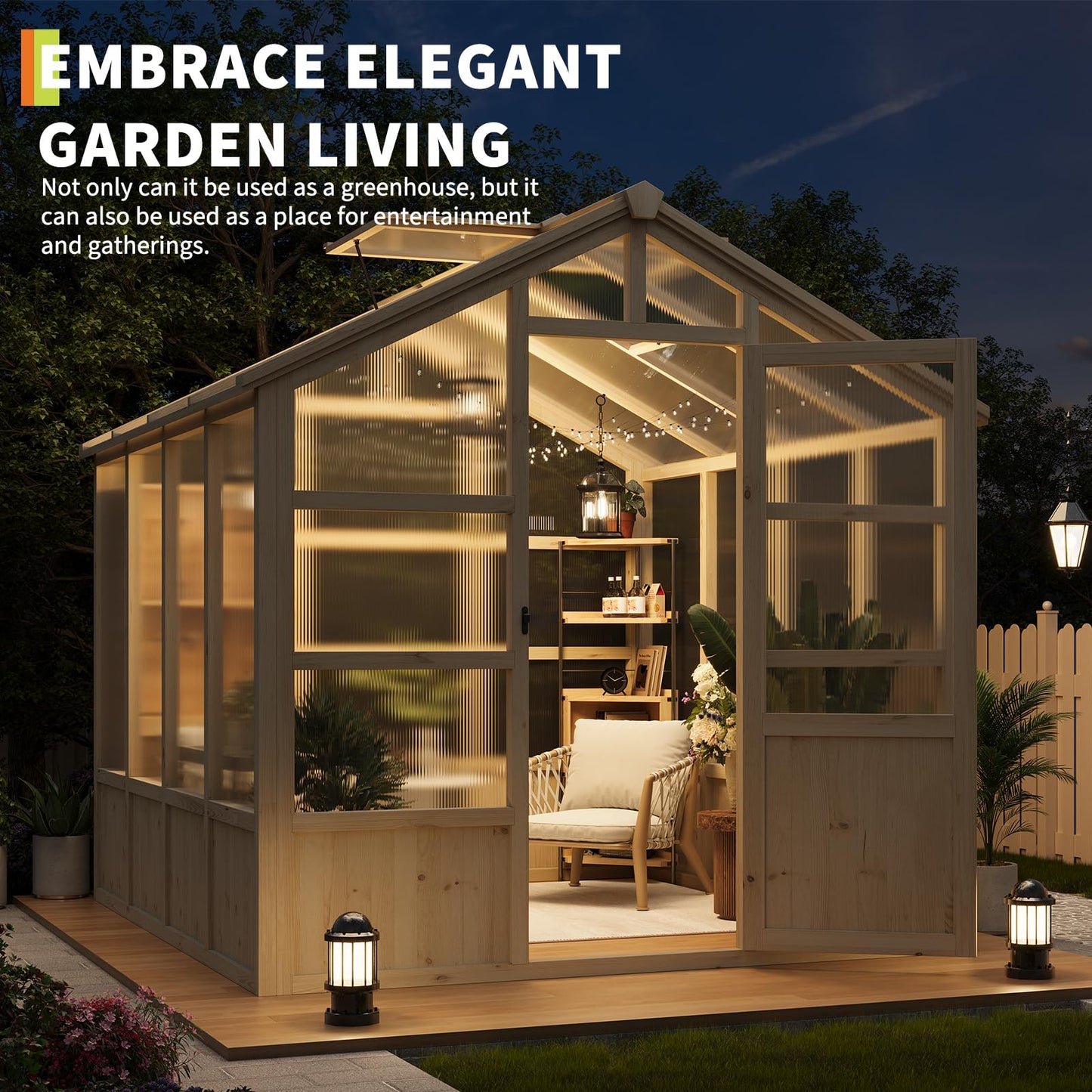 8x8FT Wooden Greenhouse, Greenhouses with Lockable Door, Wood Frame & Adjustable Vent, Greenhouse with for Outdoor, Garden, Yard, Light Brown