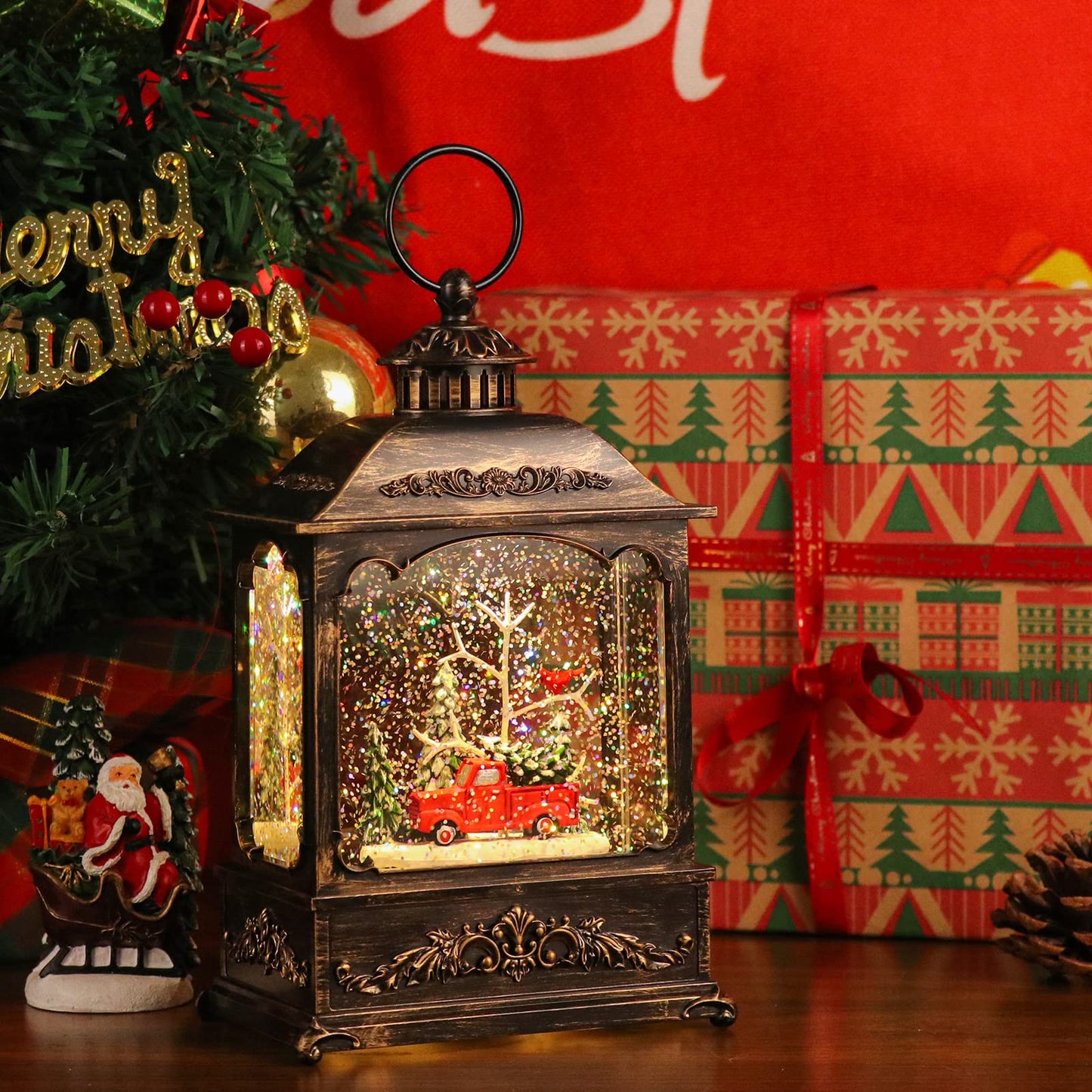 GenSwin Christmas Car Snow Globe Lantern Battery Operated Water Swirling Glitter with 6H Timer, Musical LED Lighted Scene for Christmas Home Decoration Gift