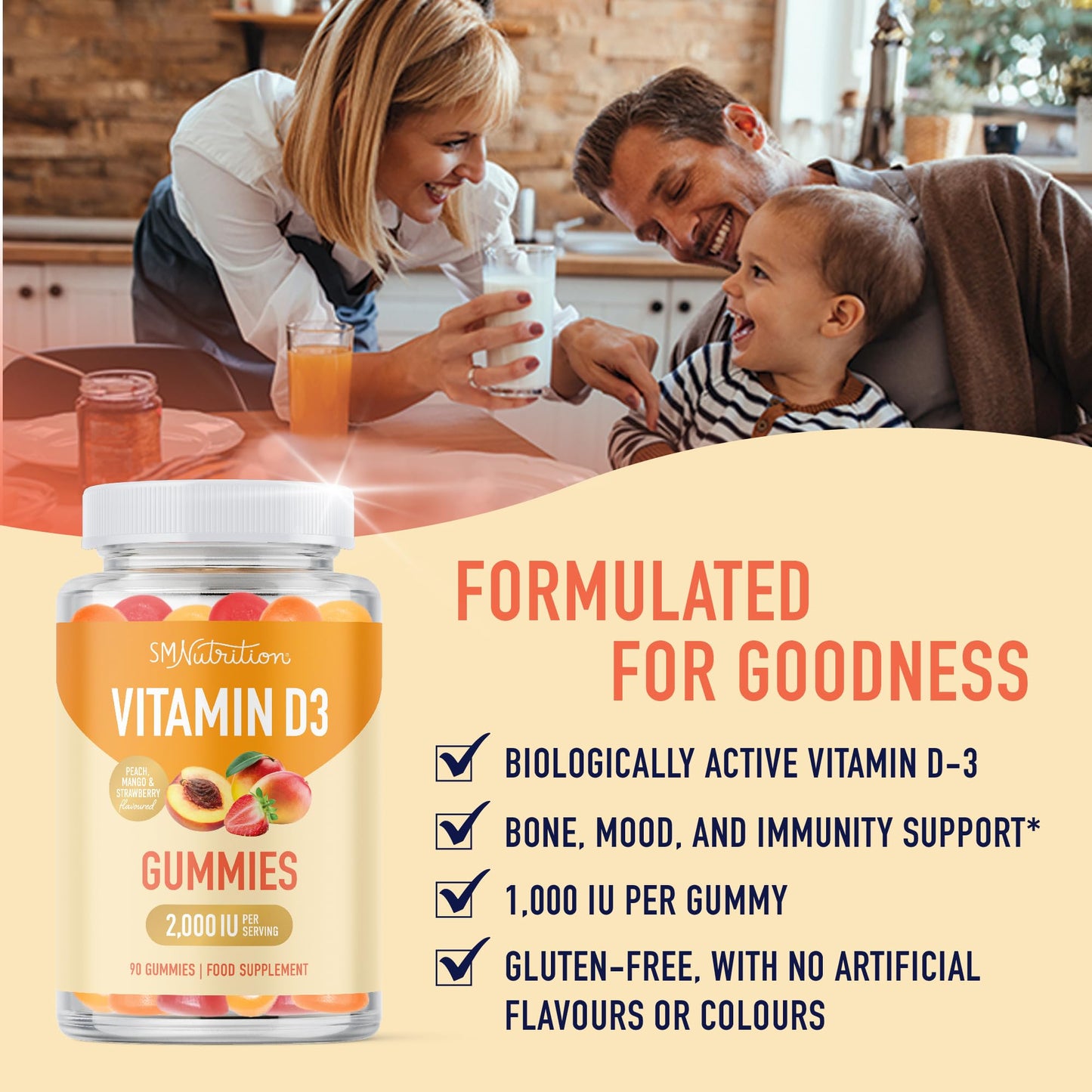 Vitamin D3 Gummies for Adults | 2000 IU (50mcg) Per Serving | Bone Health, Immunity, & Mood Support* | 1000 IU Per Gummy | Vegetarian, Gluten-Free, Third-Party Tested | 90 Gummies (45-Day Supply)