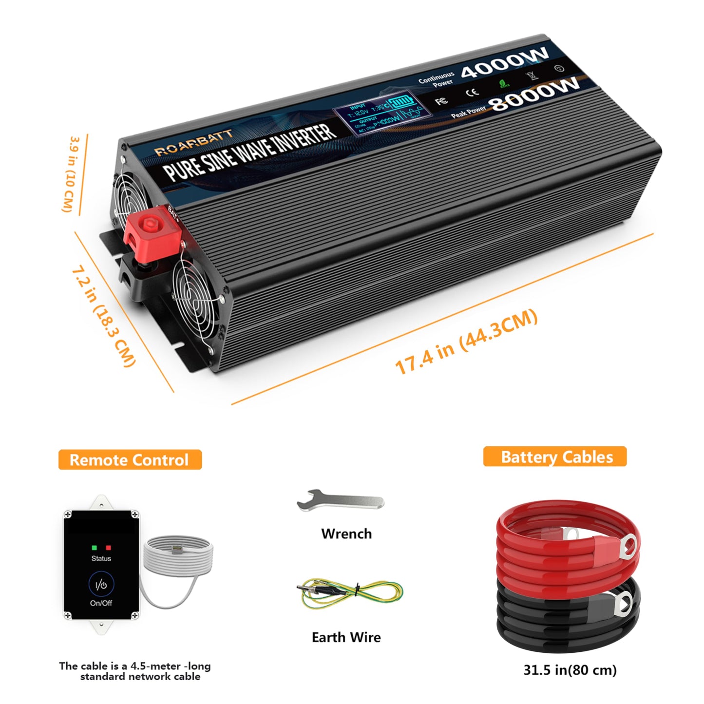 4000W Pure Sine Wave Power Inverter 12V DC to 110V/120V AC, 8000W Peak with Remote Control, 4 AC Outlets, Dual USB, LED Display, Heavy Duty Converter for RV, Truck, Solar System, Off-Grid & Emergency