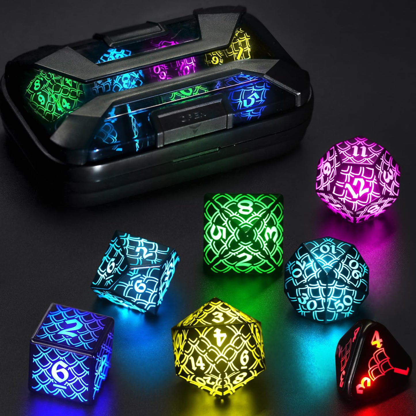 LED Dice with Charging Box,7 PCS RGB Light up Dice for Dungeons and Dragons, Polyhedral DND Dice Set for Tabletop Games Gifts(LL-RGB)