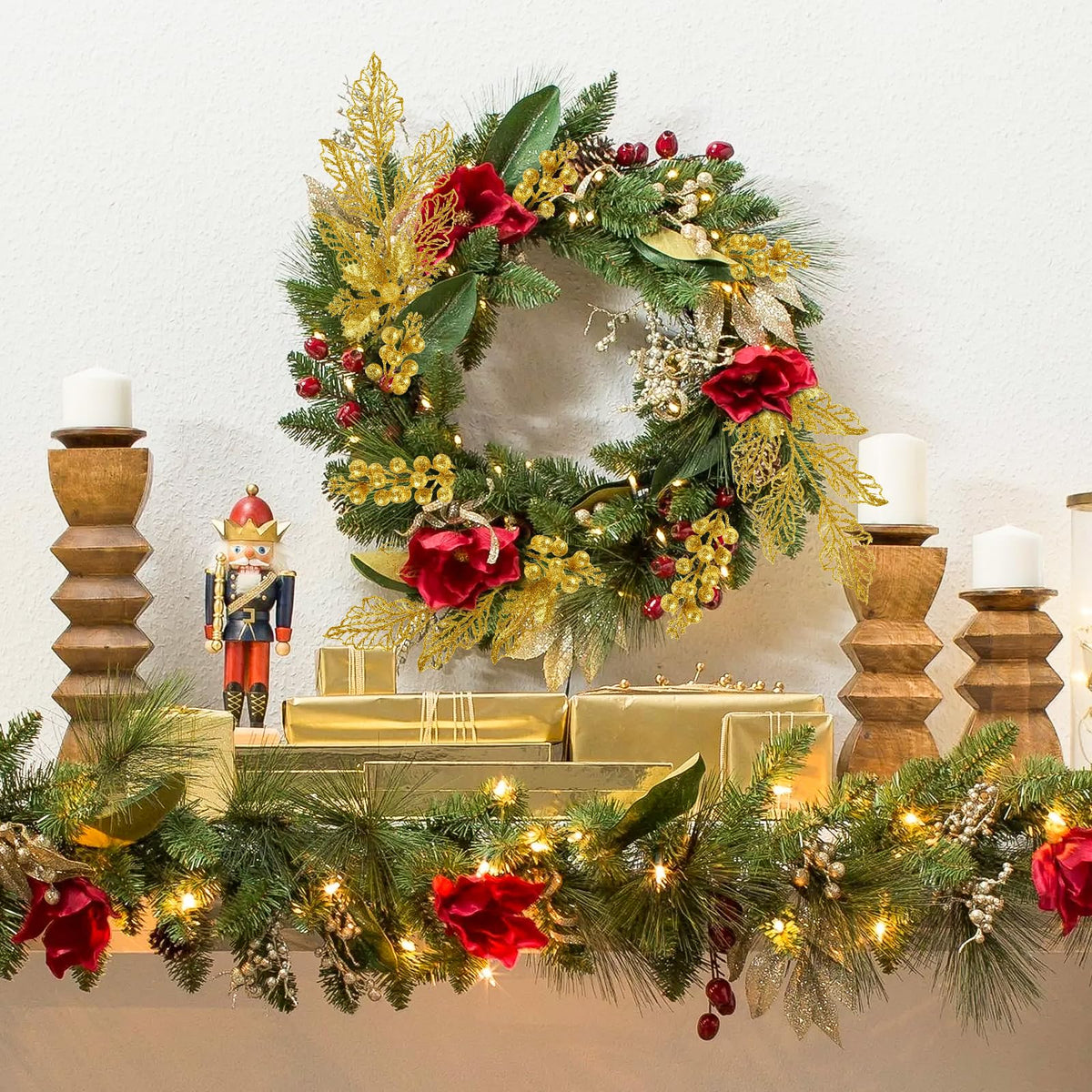 Alupssuc 24 PCS Christmas Tree Decorations, 12 PCS Poinsettia Flowers Artificial+6 PCS Glitter Holly Berry Stems+6 Berry Leaves Christmas Tree Picks for Party Wreath Fireplace, Gold