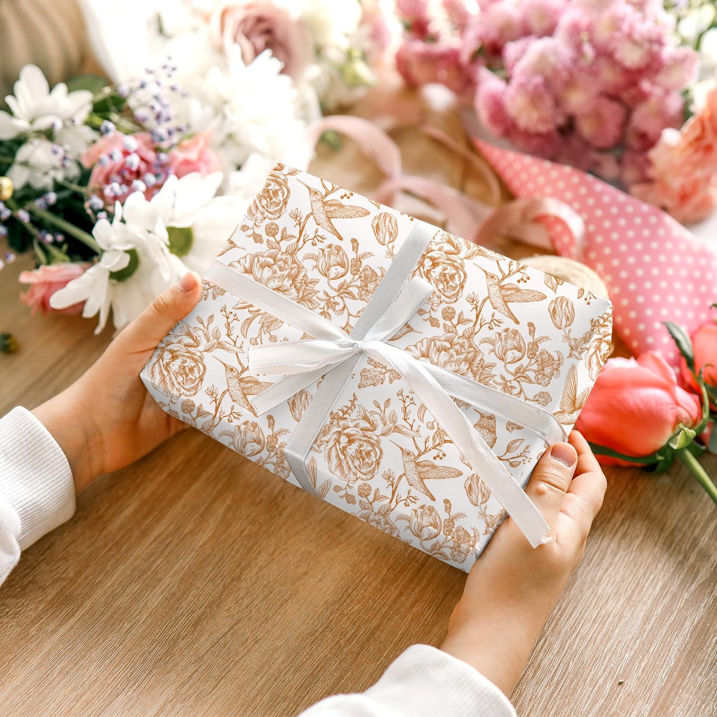 FYSUIMU Orange Floral Wrapping Paper -Mini Roll- 17 In x 32.8 Ft Chinoiserie Birds Flower Gift Wrap Paper for Wedding Baby Shower Birthday Party Wrapping Supplies