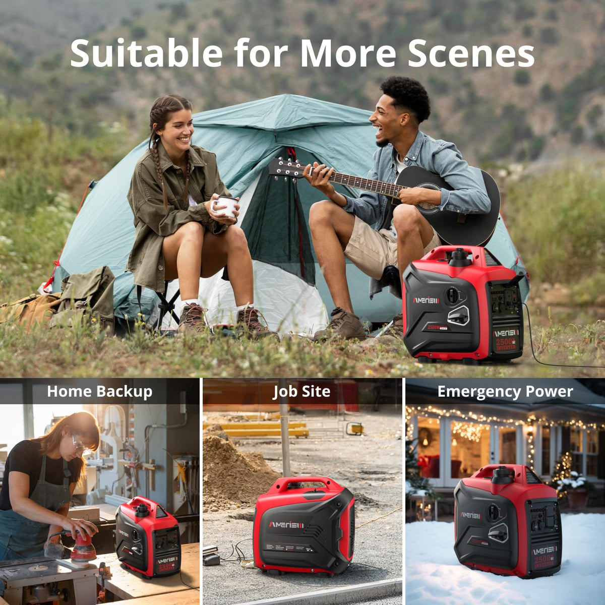 AMERISUN 2500-Watt Gas Powered Portable Inverter Generator for Home Use - Super Quiet Lightweight for RV and Camping, CO Sensor, Outdoor and Home Backup, Long Run Time