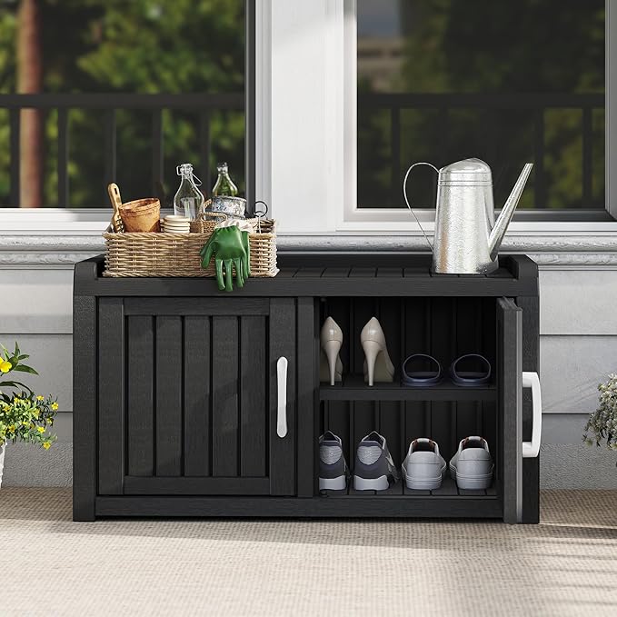 2-Tier Storage Bench, Waterproof UV-Resistant Outdoor Shoe Storage Cabinet with 2 Doors & Adjustable Shelves for Indoor Outdoor Entryway, Hallway, Living Room (Grey)