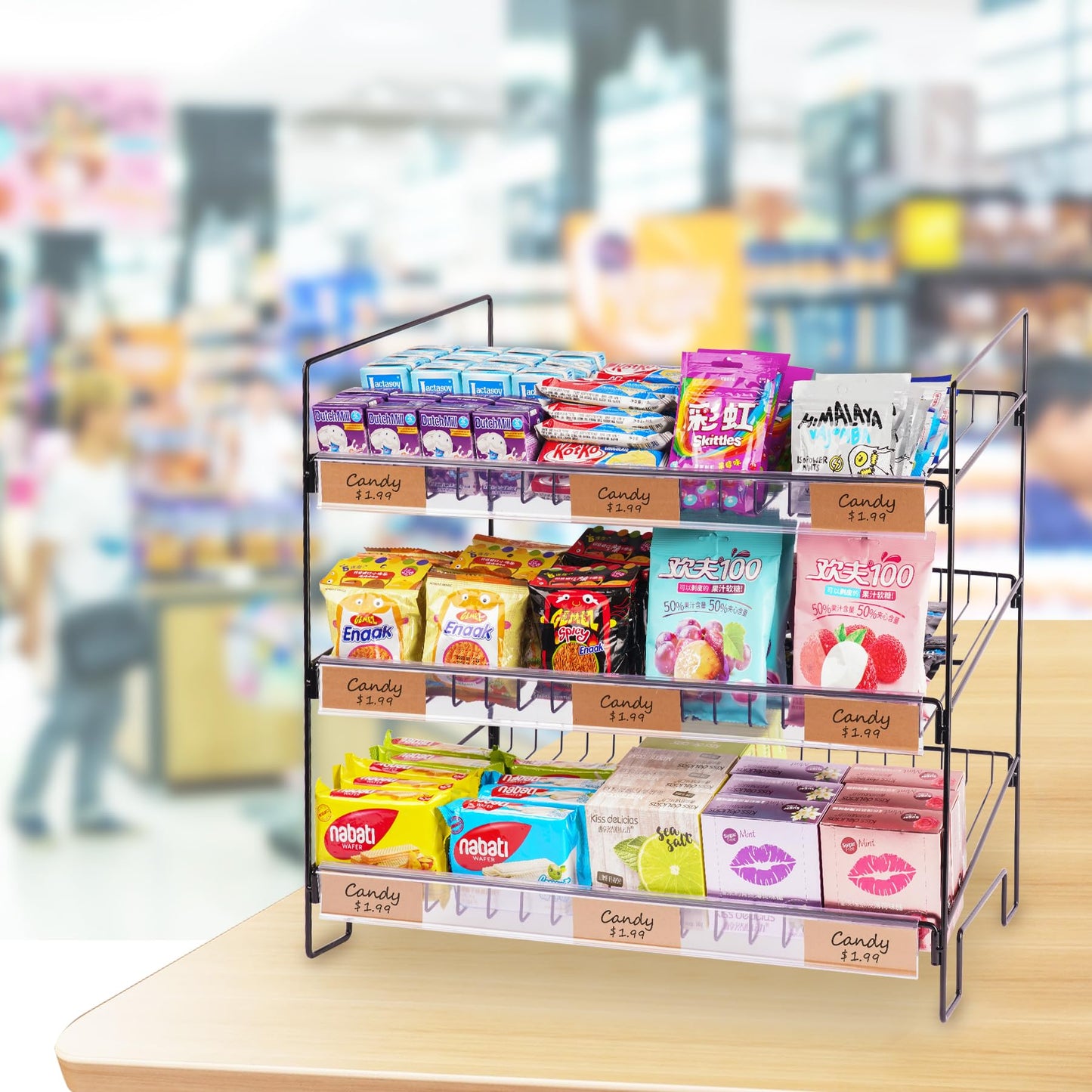 WWN Black 3-Tier Candy Display Rack 24 * 23 * 14inch Versatile Chip and Snack Stand for Countertop Retail, Concession Stands, and Supermarkets