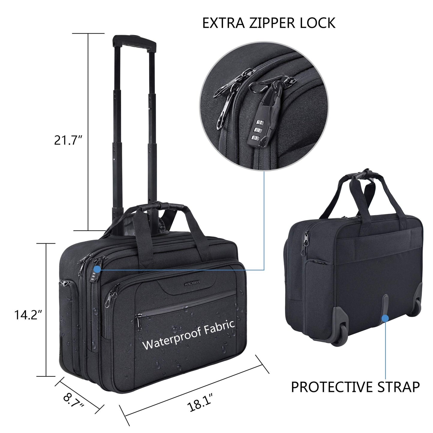 KROSER Rolling Laptop Bag Premium Wheeled Briefcase Fits Up to 17.3 Inch Laptop Water-Proof Overnight Roller Case Computer Bag with RFID Pockets for Travel/Business/School/Men/Women-Black