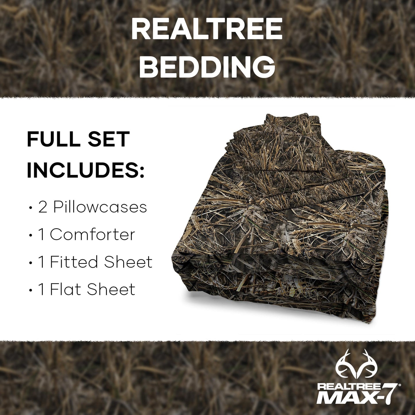 Northwest Realtree 5-Piece Full Size Bed in a Bag Set, 1 Comforter, 1 Fitted Sheet, 1 Flat Sheet, 2 Pillowcases, All Seasons Bedding, MAX-7 Camo