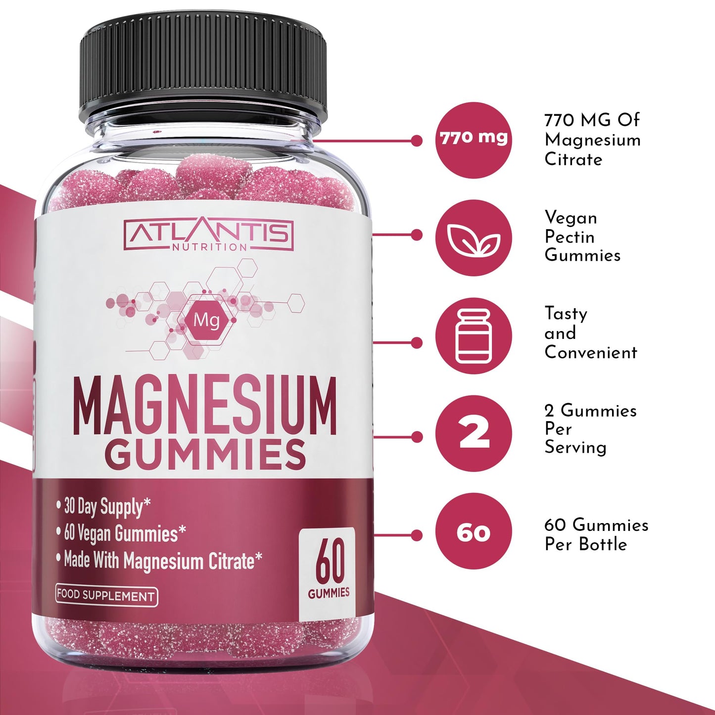 Magnesium Gummies - 770 MG Magnesium Citrate - Promotes Calmness & Improves Sleep. Helps Muscles Recover & Relieves Cramps - 60 Vegan Gummies