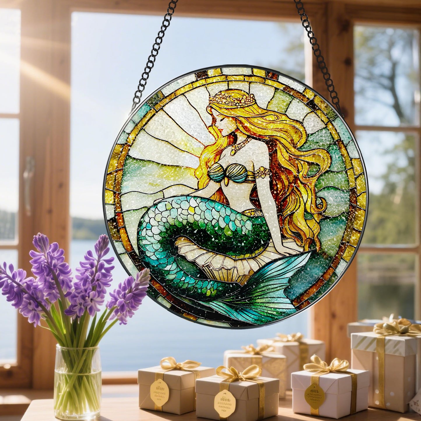 Stained Glass Window Hanging, 8 Inch Mermaid Suncatcher Stained Glass Ornament, Suncatchers for Windows Hanging, Sun Catchers Indoor Window, Mermaid Gifts, Gifts for Friends, Housewarming Gift