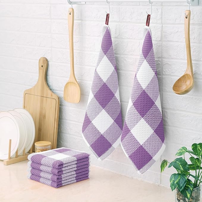 Homaxy 100% Cotton Waffle Weave Check Plaid Dish Cloths, 12 x 12 Inches