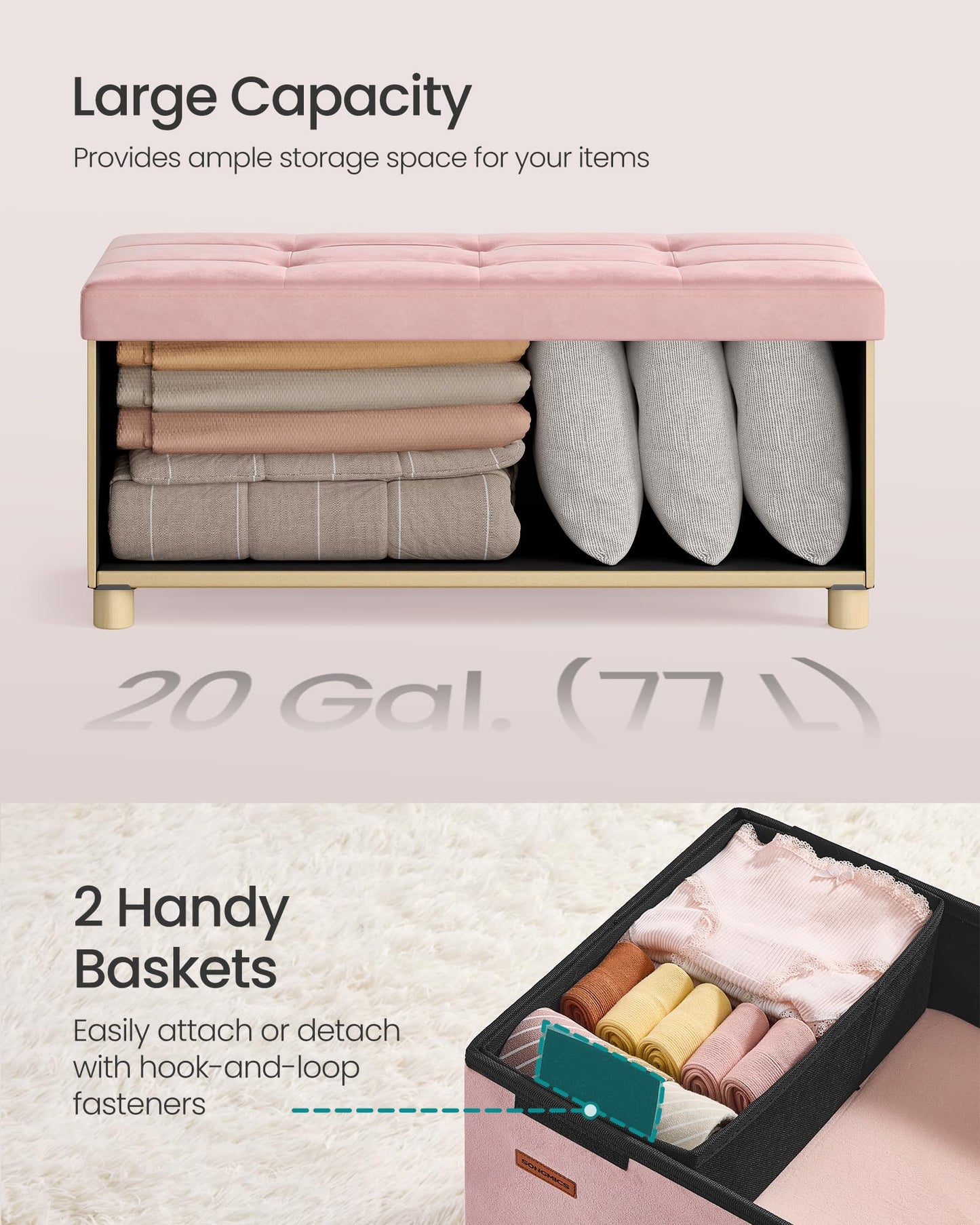 SONGMICS Storage Ottoman Bench, Folding Storage Chest, 15 x 30 x 15.2 Inches, Foot Rest Stool, 20 Gal. (77 L), Velvet Surface, for Bedroom, Entryway, Living Room, Jelly Pink ULSF0517R01
